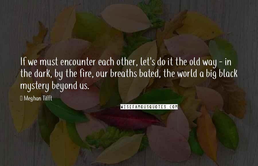 Meghan Tifft Quotes: If we must encounter each other, let's do it the old way - in the dark, by the fire, our breaths bated, the world a big black mystery beyond us.