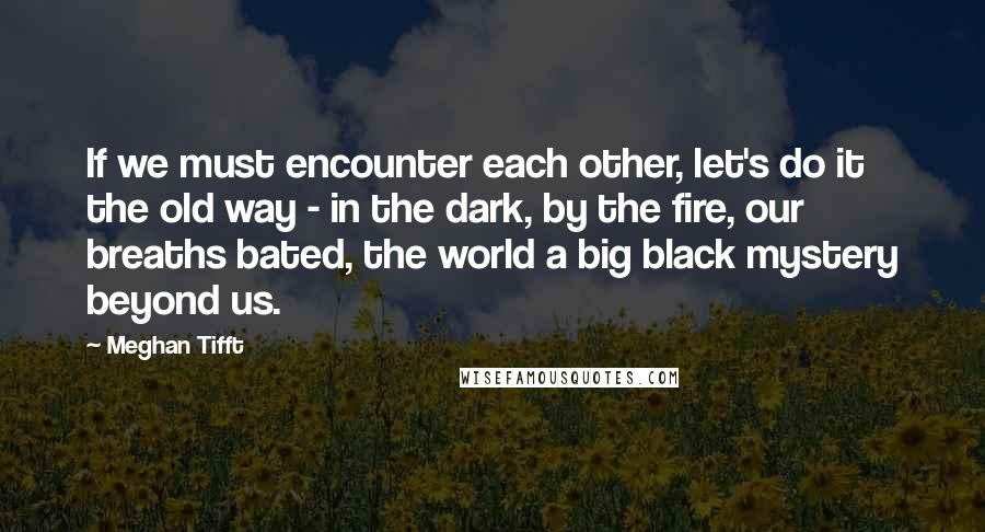 Meghan Tifft Quotes: If we must encounter each other, let's do it the old way - in the dark, by the fire, our breaths bated, the world a big black mystery beyond us.