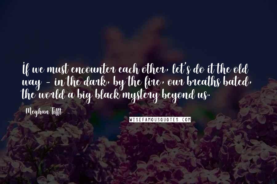 Meghan Tifft Quotes: If we must encounter each other, let's do it the old way - in the dark, by the fire, our breaths bated, the world a big black mystery beyond us.