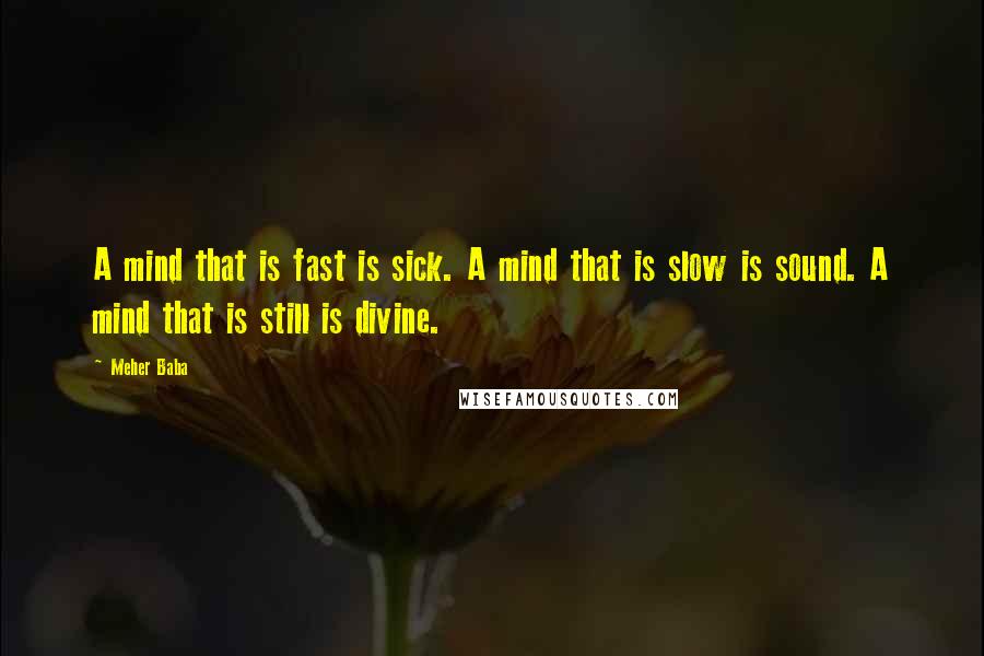 Meher Baba Quotes: A mind that is fast is sick. A mind that is slow is sound. A mind that is still is divine.