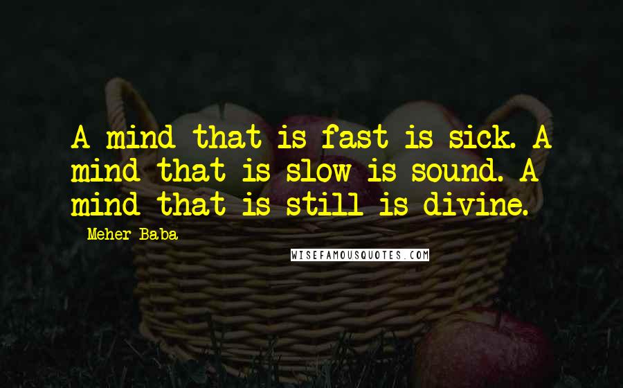 Meher Baba Quotes: A mind that is fast is sick. A mind that is slow is sound. A mind that is still is divine.