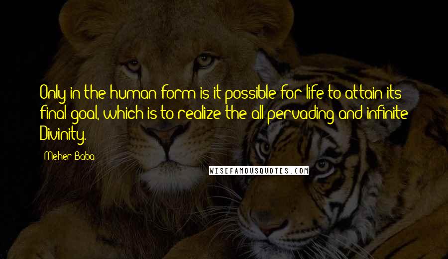 Meher Baba Quotes: Only in the human form is it possible for life to attain its final goal, which is to realize the all-pervading and infinite Divinity.