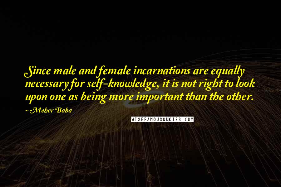 Meher Baba Quotes: Since male and female incarnations are equally necessary for self-knowledge, it is not right to look upon one as being more important than the other.