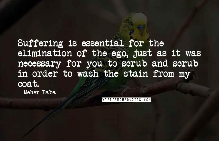 Meher Baba Quotes: Suffering is essential for the elimination of the ego, just as it was necessary for you to scrub and scrub in order to wash the stain from my coat.
