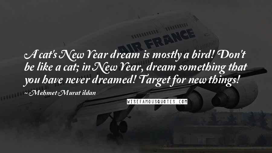 Mehmet Murat Ildan Quotes: A cat's New Year dream is mostly a bird! Don't be like a cat; in New Year, dream something that you have never dreamed! Target for new things!