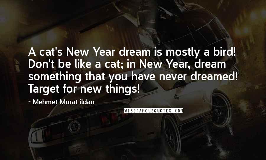 Mehmet Murat Ildan Quotes: A cat's New Year dream is mostly a bird! Don't be like a cat; in New Year, dream something that you have never dreamed! Target for new things!