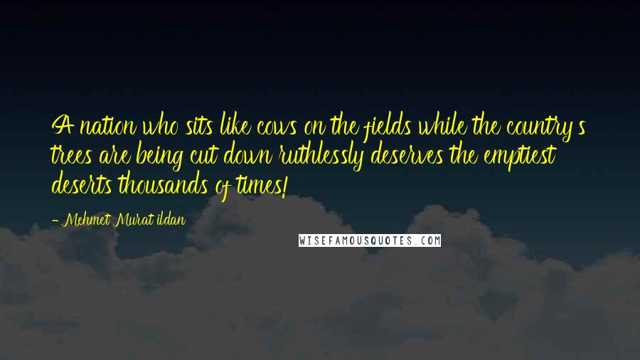 Mehmet Murat Ildan Quotes: A nation who sits like cows on the fields while the country's trees are being cut down ruthlessly deserves the emptiest deserts thousands of times!