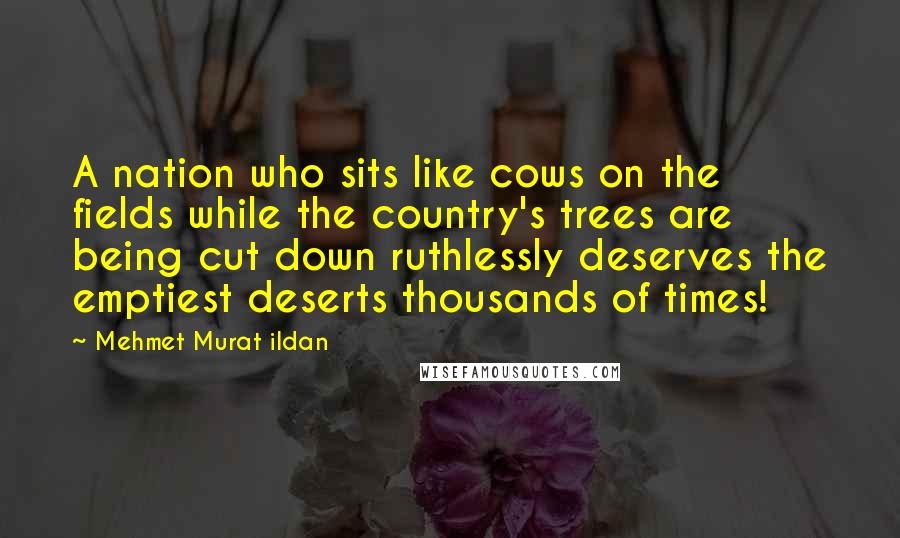 Mehmet Murat Ildan Quotes: A nation who sits like cows on the fields while the country's trees are being cut down ruthlessly deserves the emptiest deserts thousands of times!