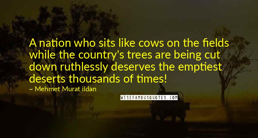 Mehmet Murat Ildan Quotes: A nation who sits like cows on the fields while the country's trees are being cut down ruthlessly deserves the emptiest deserts thousands of times!