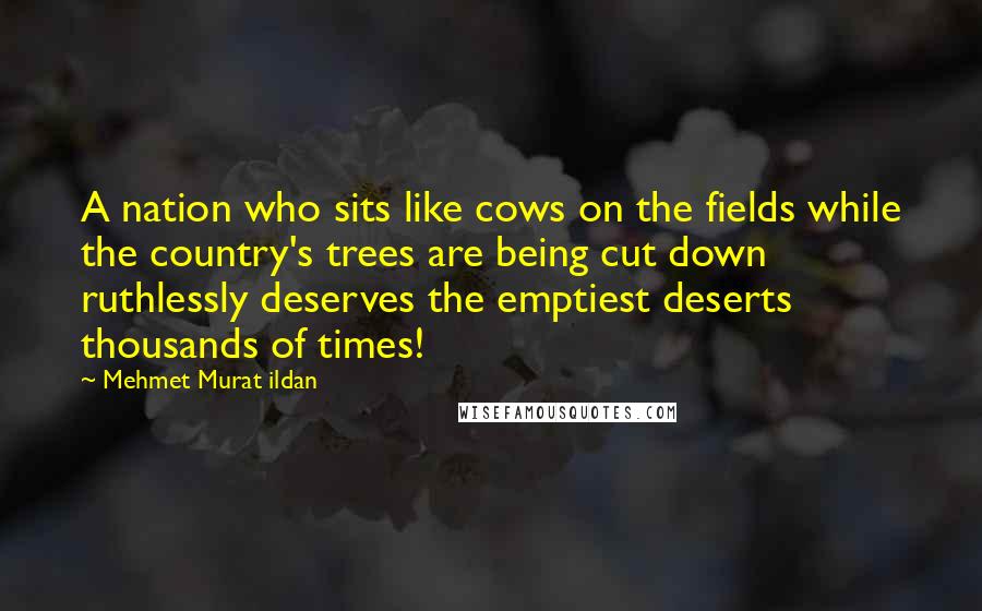 Mehmet Murat Ildan Quotes: A nation who sits like cows on the fields while the country's trees are being cut down ruthlessly deserves the emptiest deserts thousands of times!