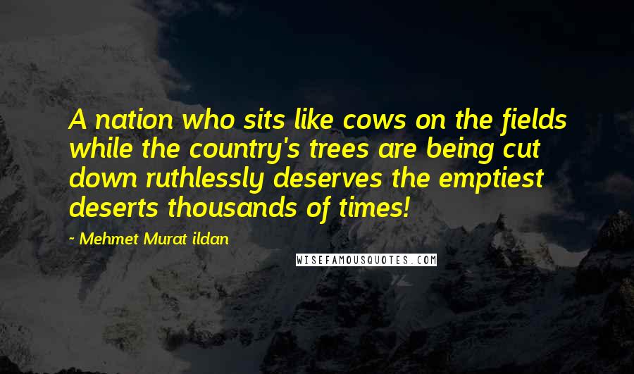 Mehmet Murat Ildan Quotes: A nation who sits like cows on the fields while the country's trees are being cut down ruthlessly deserves the emptiest deserts thousands of times!