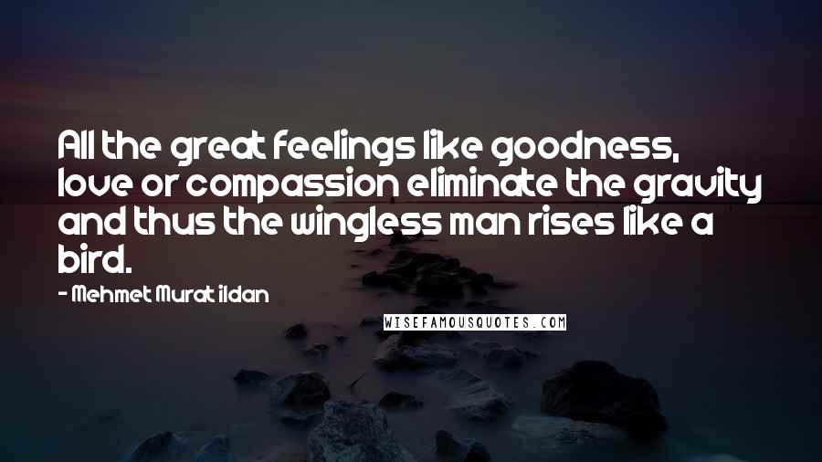 Mehmet Murat Ildan Quotes: All the great feelings like goodness, love or compassion eliminate the gravity and thus the wingless man rises like a bird.