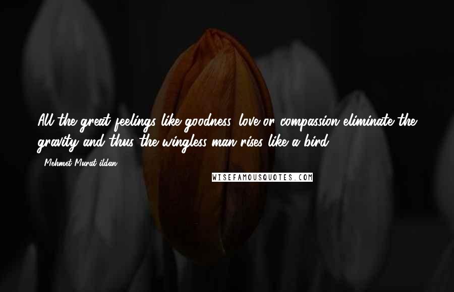 Mehmet Murat Ildan Quotes: All the great feelings like goodness, love or compassion eliminate the gravity and thus the wingless man rises like a bird.
