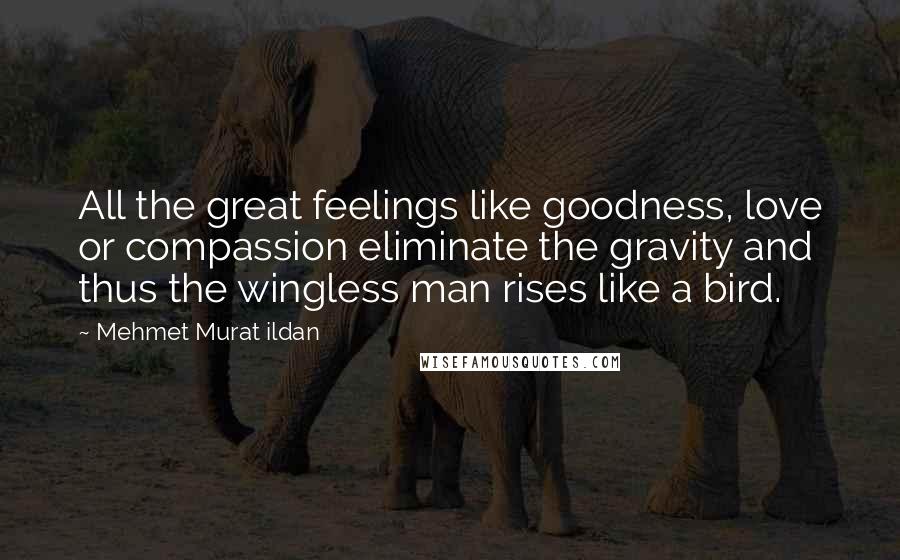 Mehmet Murat Ildan Quotes: All the great feelings like goodness, love or compassion eliminate the gravity and thus the wingless man rises like a bird.