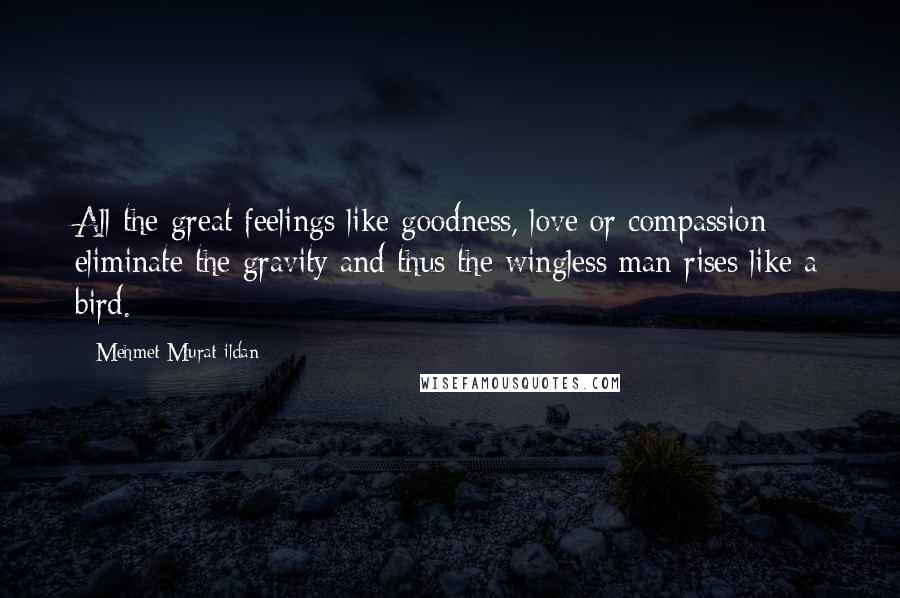 Mehmet Murat Ildan Quotes: All the great feelings like goodness, love or compassion eliminate the gravity and thus the wingless man rises like a bird.