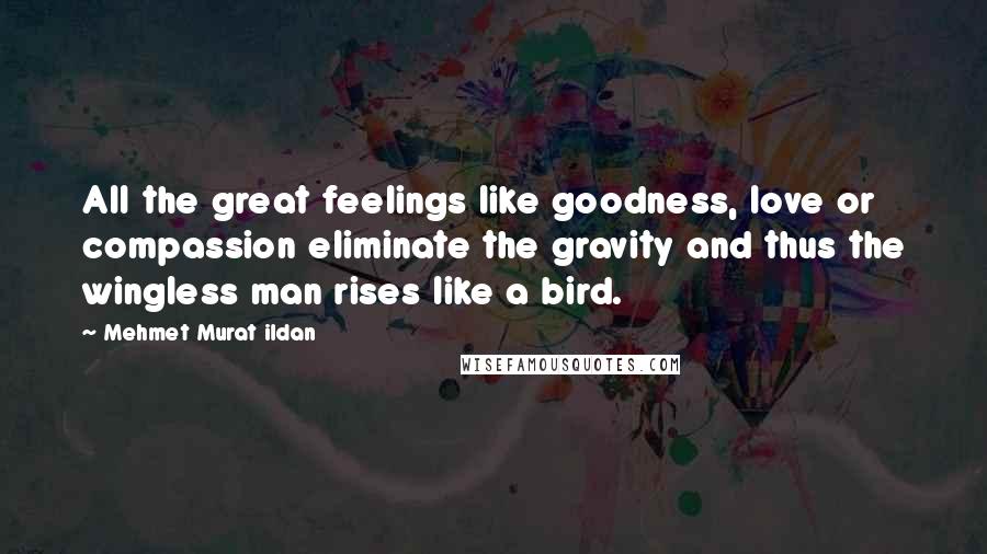 Mehmet Murat Ildan Quotes: All the great feelings like goodness, love or compassion eliminate the gravity and thus the wingless man rises like a bird.