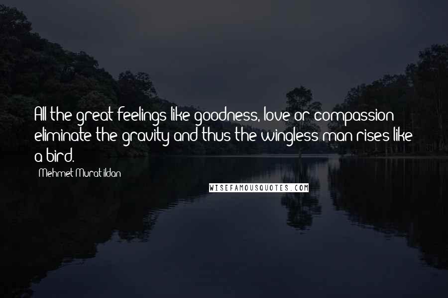 Mehmet Murat Ildan Quotes: All the great feelings like goodness, love or compassion eliminate the gravity and thus the wingless man rises like a bird.