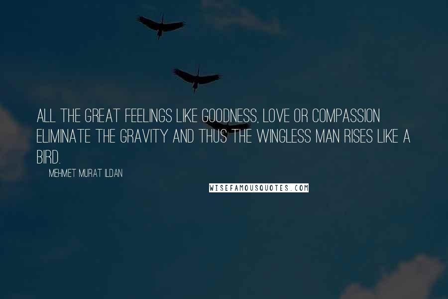 Mehmet Murat Ildan Quotes: All the great feelings like goodness, love or compassion eliminate the gravity and thus the wingless man rises like a bird.