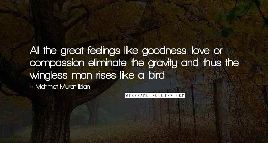 Mehmet Murat Ildan Quotes: All the great feelings like goodness, love or compassion eliminate the gravity and thus the wingless man rises like a bird.