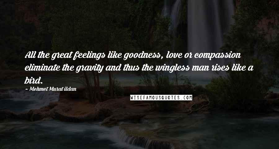 Mehmet Murat Ildan Quotes: All the great feelings like goodness, love or compassion eliminate the gravity and thus the wingless man rises like a bird.