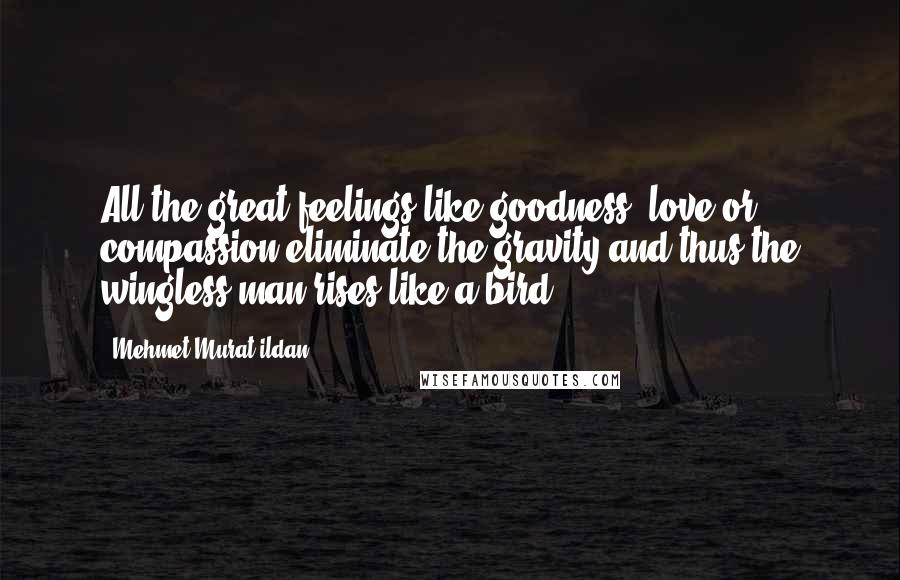 Mehmet Murat Ildan Quotes: All the great feelings like goodness, love or compassion eliminate the gravity and thus the wingless man rises like a bird.