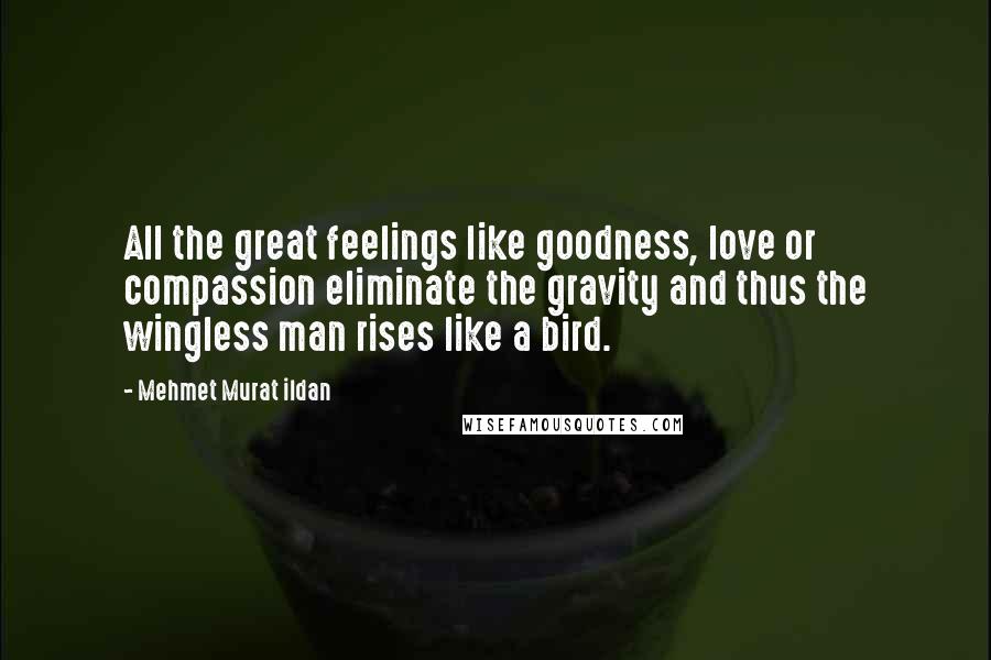 Mehmet Murat Ildan Quotes: All the great feelings like goodness, love or compassion eliminate the gravity and thus the wingless man rises like a bird.