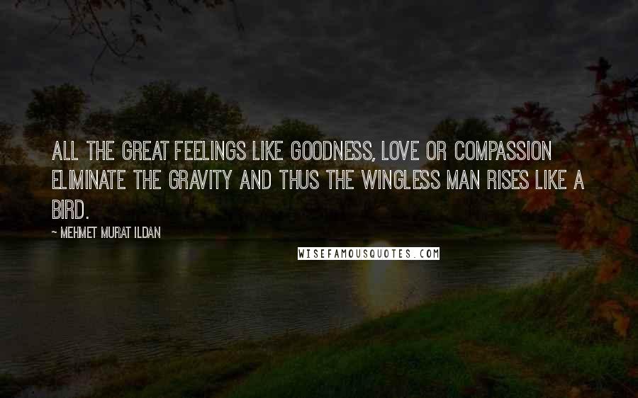 Mehmet Murat Ildan Quotes: All the great feelings like goodness, love or compassion eliminate the gravity and thus the wingless man rises like a bird.