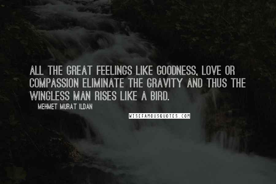 Mehmet Murat Ildan Quotes: All the great feelings like goodness, love or compassion eliminate the gravity and thus the wingless man rises like a bird.