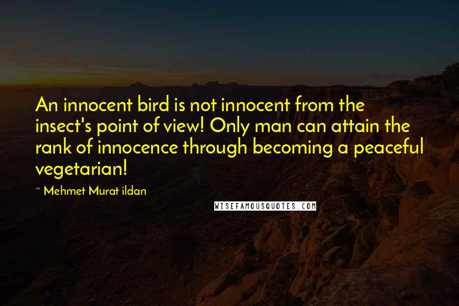 Mehmet Murat Ildan Quotes: An innocent bird is not innocent from the insect's point of view! Only man can attain the rank of innocence through becoming a peaceful vegetarian!