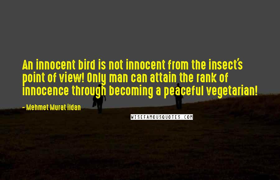 Mehmet Murat Ildan Quotes: An innocent bird is not innocent from the insect's point of view! Only man can attain the rank of innocence through becoming a peaceful vegetarian!