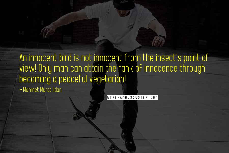 Mehmet Murat Ildan Quotes: An innocent bird is not innocent from the insect's point of view! Only man can attain the rank of innocence through becoming a peaceful vegetarian!