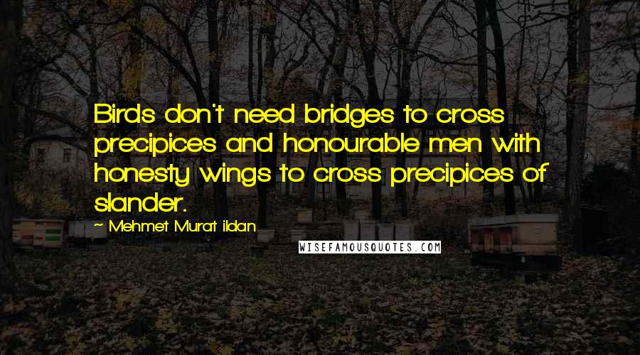 Mehmet Murat Ildan Quotes: Birds don't need bridges to cross precipices and honourable men with honesty wings to cross precipices of slander.