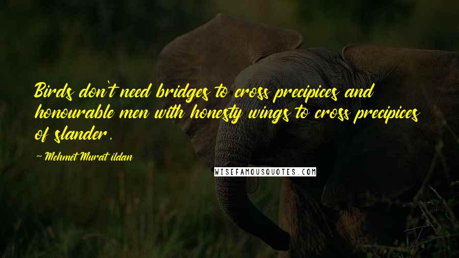 Mehmet Murat Ildan Quotes: Birds don't need bridges to cross precipices and honourable men with honesty wings to cross precipices of slander.