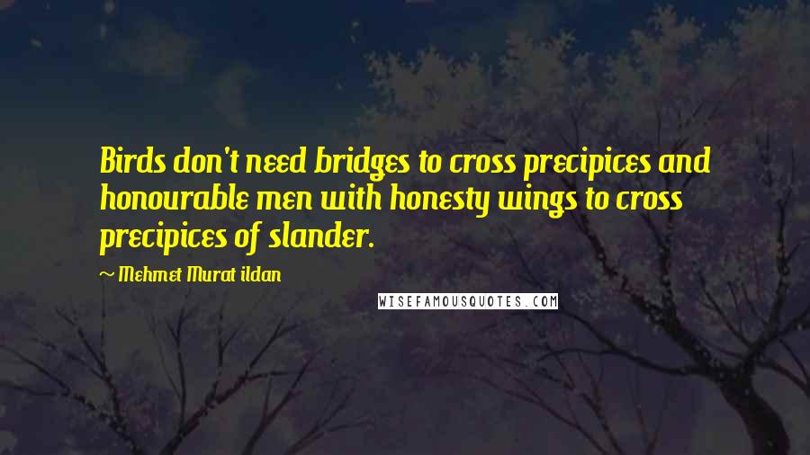 Mehmet Murat Ildan Quotes: Birds don't need bridges to cross precipices and honourable men with honesty wings to cross precipices of slander.