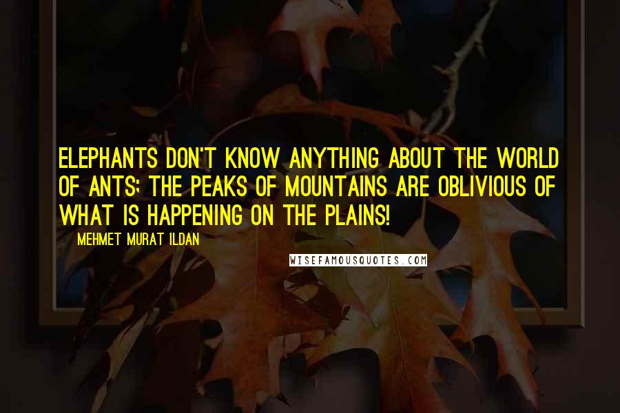 Mehmet Murat Ildan Quotes: Elephants don't know anything about the world of ants; the peaks of mountains are oblivious of what is happening on the plains!