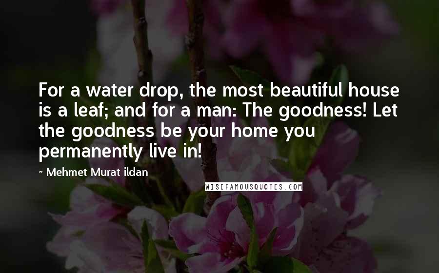 Mehmet Murat Ildan Quotes: For a water drop, the most beautiful house is a leaf; and for a man: The goodness! Let the goodness be your home you permanently live in!