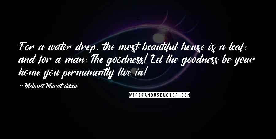 Mehmet Murat Ildan Quotes: For a water drop, the most beautiful house is a leaf; and for a man: The goodness! Let the goodness be your home you permanently live in!