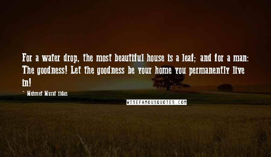 Mehmet Murat Ildan Quotes: For a water drop, the most beautiful house is a leaf; and for a man: The goodness! Let the goodness be your home you permanently live in!