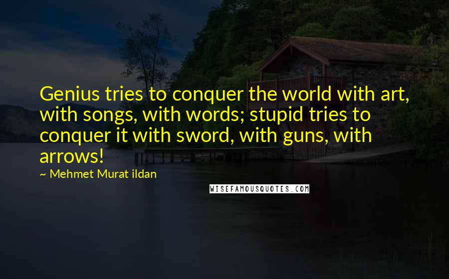Mehmet Murat Ildan Quotes: Genius tries to conquer the world with art, with songs, with words; stupid tries to conquer it with sword, with guns, with arrows!