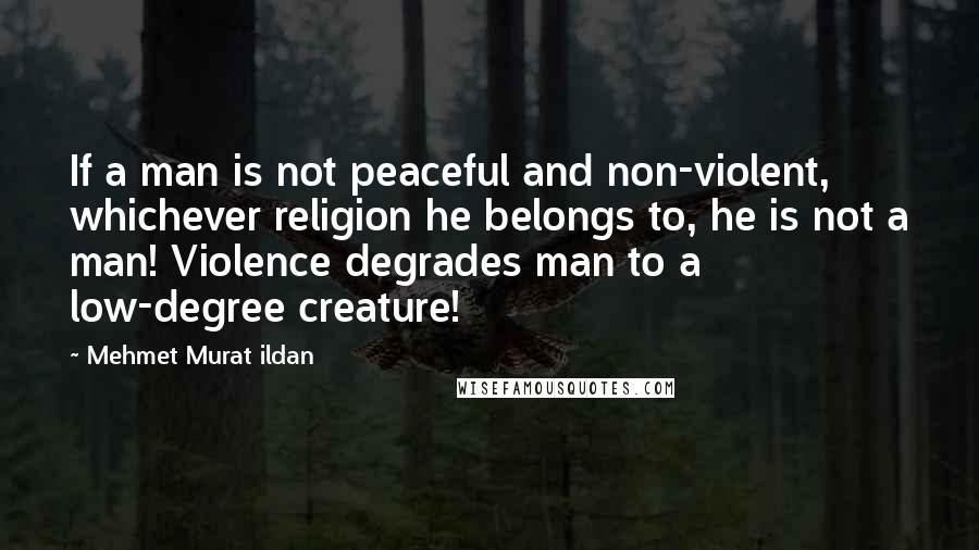 Mehmet Murat Ildan Quotes: If a man is not peaceful and non-violent, whichever religion he belongs to, he is not a man! Violence degrades man to a low-degree creature!