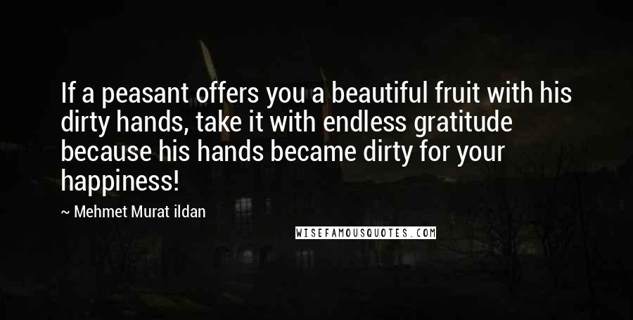 Mehmet Murat Ildan Quotes: If a peasant offers you a beautiful fruit with his dirty hands, take it with endless gratitude because his hands became dirty for your happiness!