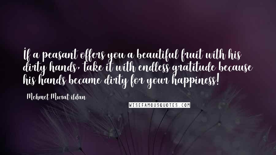 Mehmet Murat Ildan Quotes: If a peasant offers you a beautiful fruit with his dirty hands, take it with endless gratitude because his hands became dirty for your happiness!