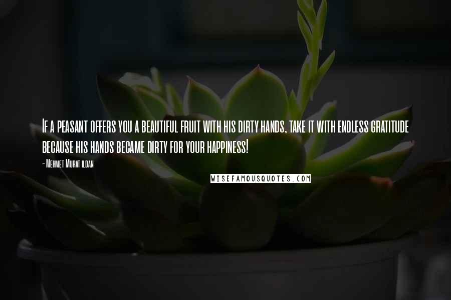 Mehmet Murat Ildan Quotes: If a peasant offers you a beautiful fruit with his dirty hands, take it with endless gratitude because his hands became dirty for your happiness!