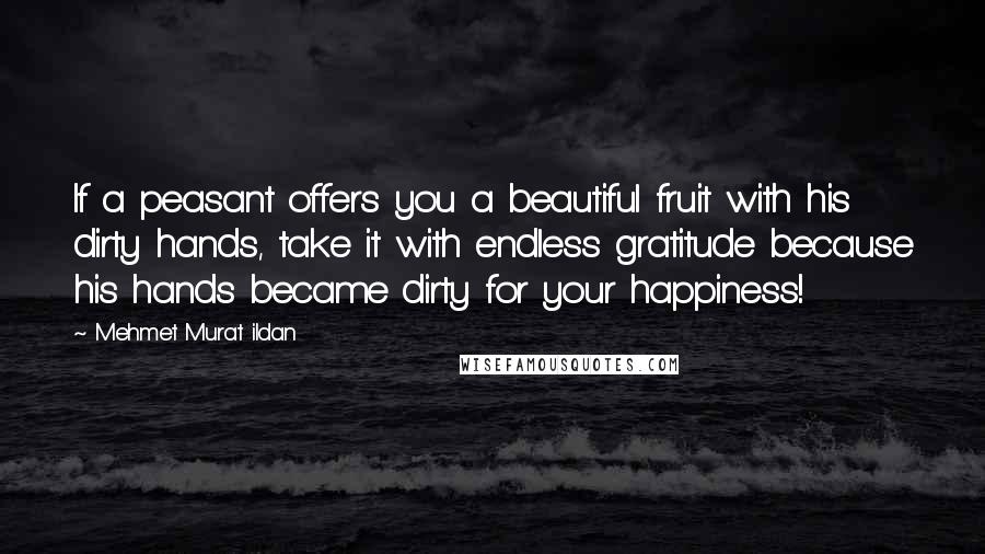 Mehmet Murat Ildan Quotes: If a peasant offers you a beautiful fruit with his dirty hands, take it with endless gratitude because his hands became dirty for your happiness!