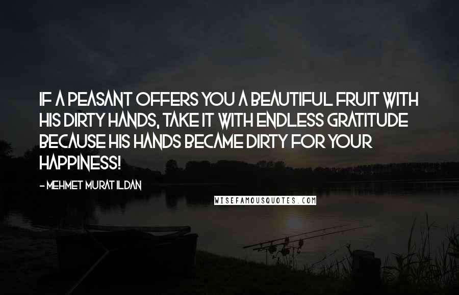 Mehmet Murat Ildan Quotes: If a peasant offers you a beautiful fruit with his dirty hands, take it with endless gratitude because his hands became dirty for your happiness!