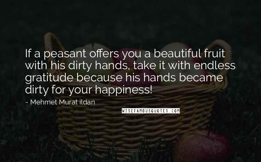 Mehmet Murat Ildan Quotes: If a peasant offers you a beautiful fruit with his dirty hands, take it with endless gratitude because his hands became dirty for your happiness!