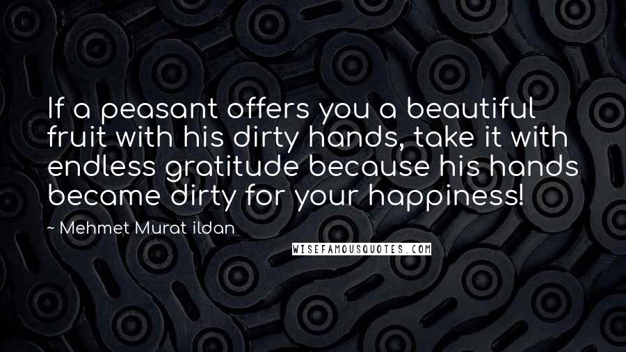 Mehmet Murat Ildan Quotes: If a peasant offers you a beautiful fruit with his dirty hands, take it with endless gratitude because his hands became dirty for your happiness!