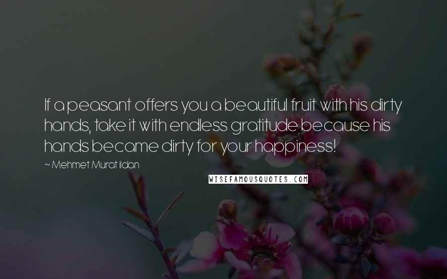 Mehmet Murat Ildan Quotes: If a peasant offers you a beautiful fruit with his dirty hands, take it with endless gratitude because his hands became dirty for your happiness!