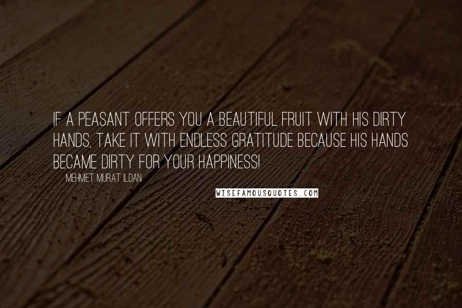 Mehmet Murat Ildan Quotes: If a peasant offers you a beautiful fruit with his dirty hands, take it with endless gratitude because his hands became dirty for your happiness!