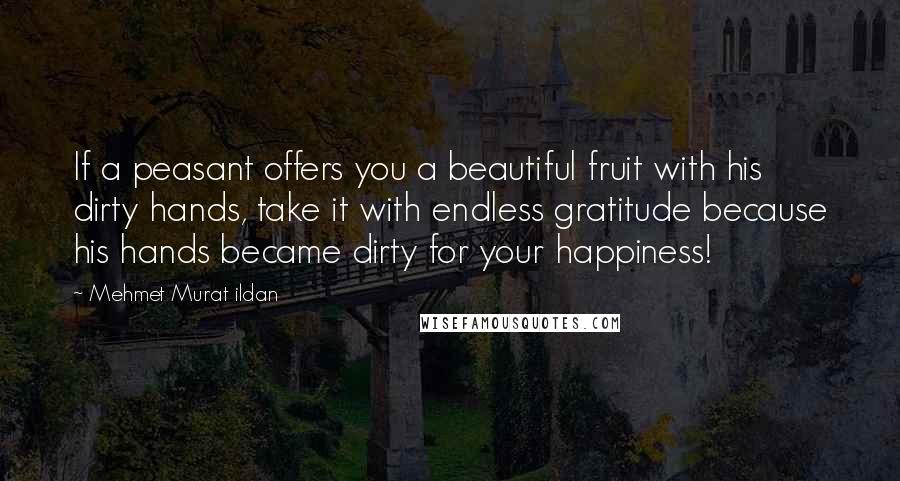 Mehmet Murat Ildan Quotes: If a peasant offers you a beautiful fruit with his dirty hands, take it with endless gratitude because his hands became dirty for your happiness!